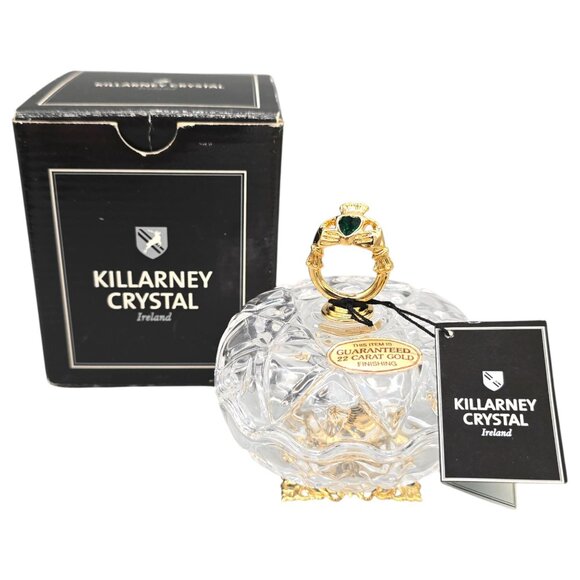 Killarney Crystal Ireland 22K Gold Trinket Dish w/ Emerald Heart Claddagh Accent - Picture 1 of 16